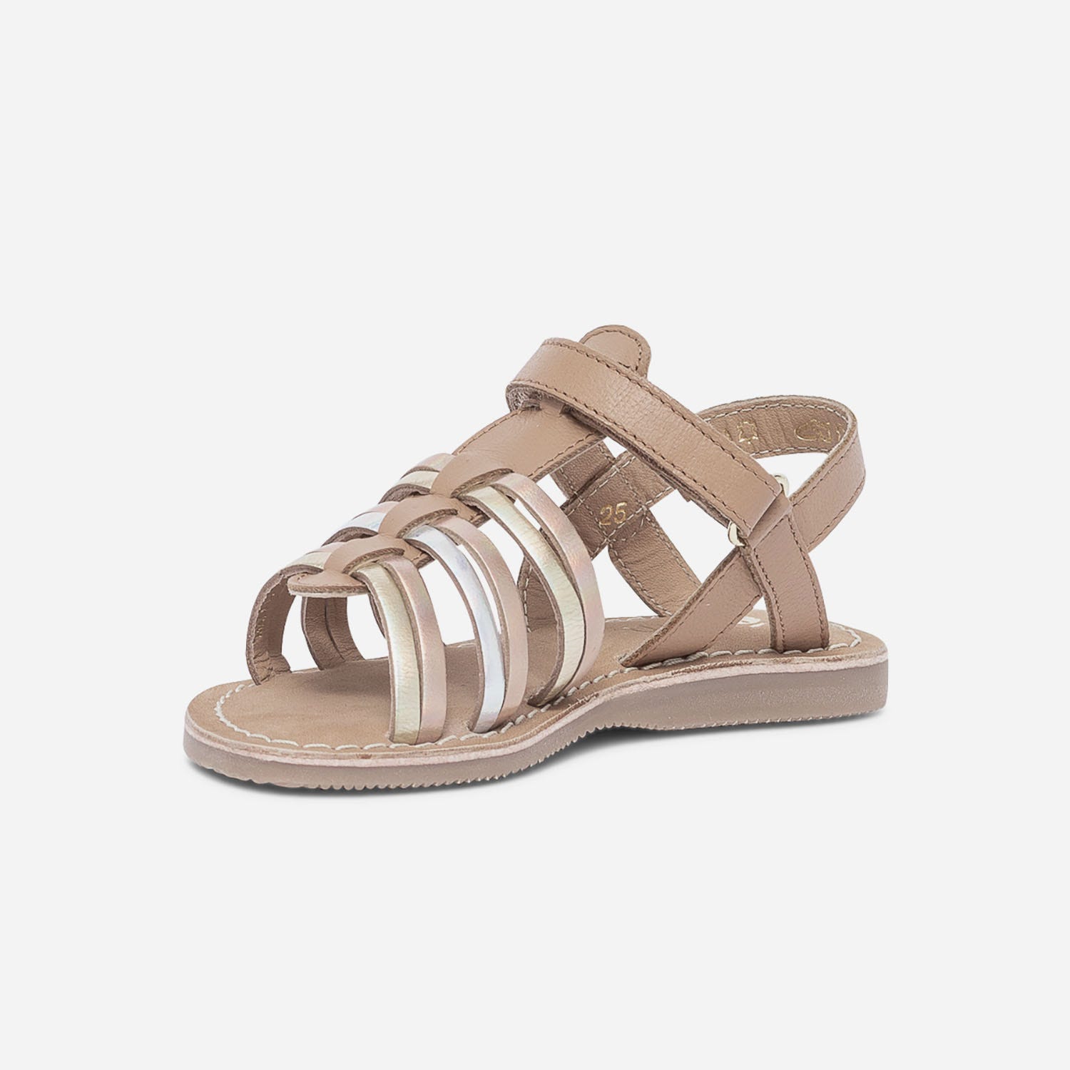 Sandale camel en cuir à brides cuivrée, argent et or