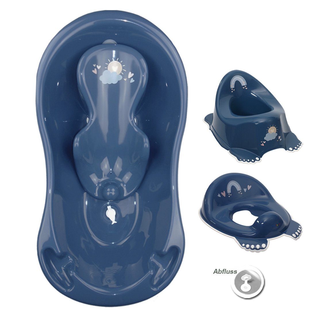Tega-Baby Babybadewanne 4 Teile SET - METEO Blau - -Babybadeset Wanne Pflege Wanne, (Made in Europe Premium.set), Babybadewanne + Badesitz + Töpfchen + Wc Aufsatz