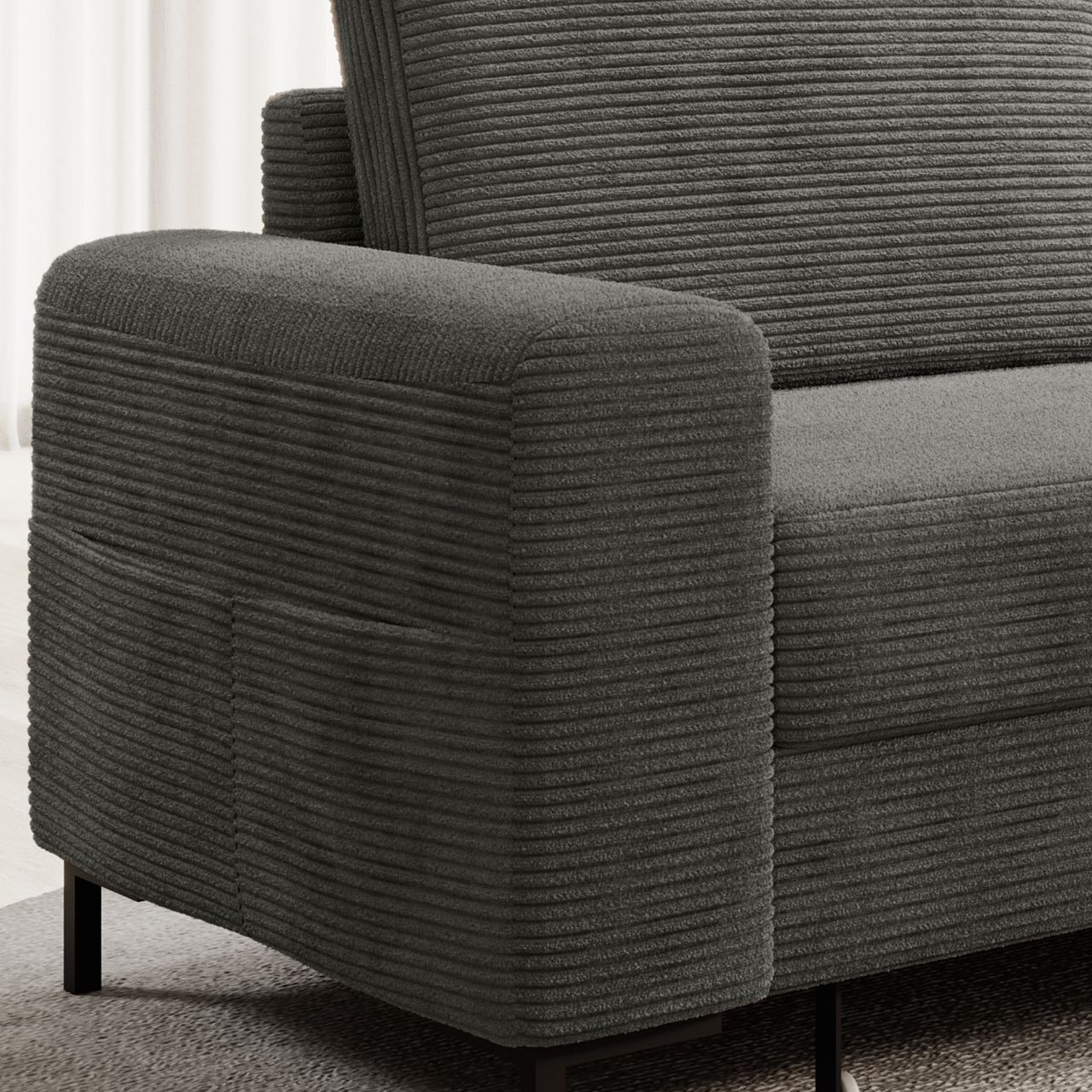 Möbel Punkt Ecksofa SAIGON Cord Anthrazit Grau mit Bettfunktion und Bettkasten Ottomane rechts