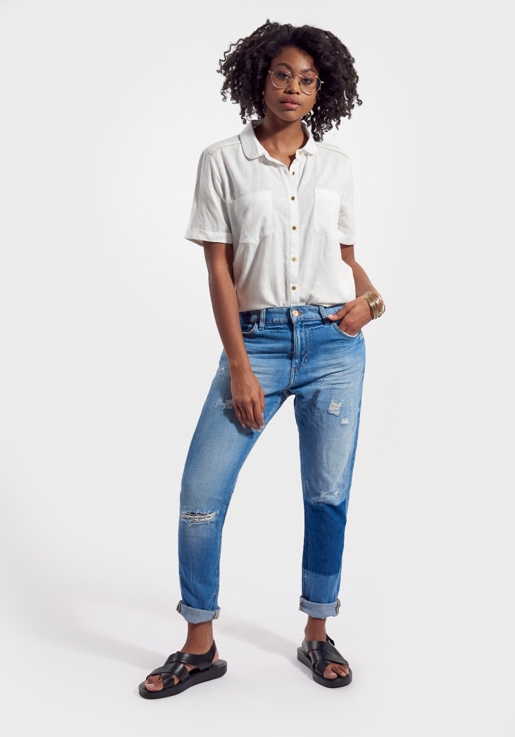 FOLK  Jean bleu effet délavé et déchiré, coupe boyslim