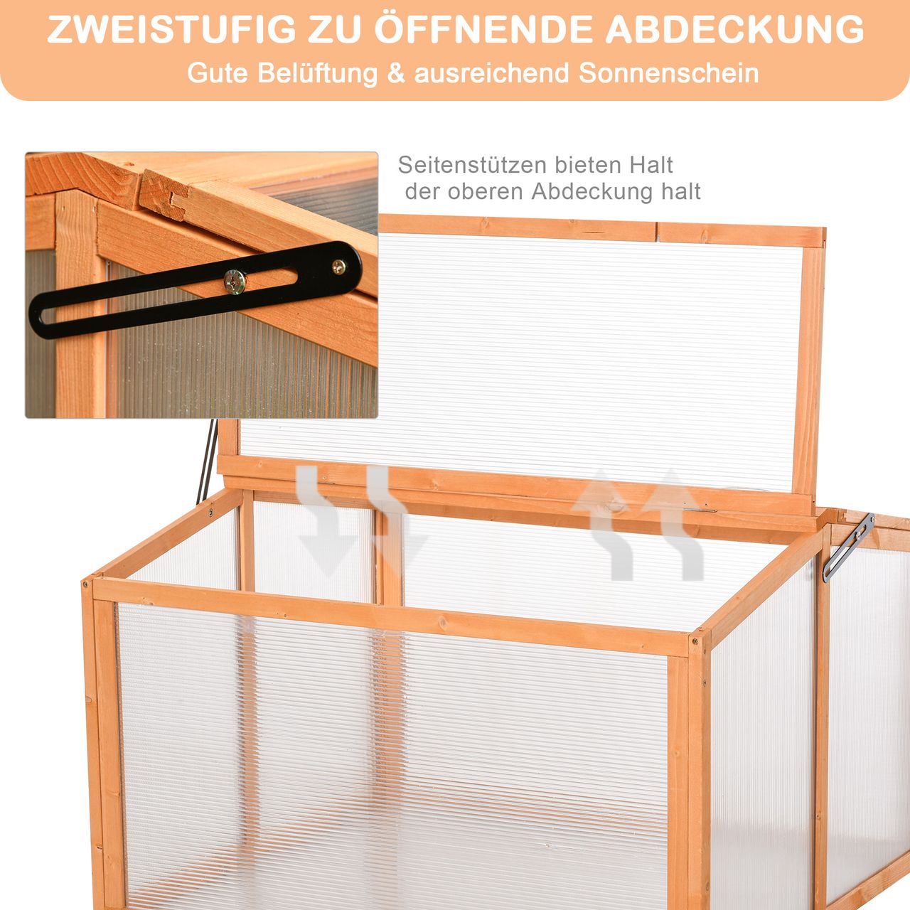Outsunny Frühbeet Treibhaus Gewächshaus Frühbeetkasten Pflanzenbeet mit Abdeckung aus Holz und Polycarbonat wetterfest Orange 90 x 80 x 58 cm