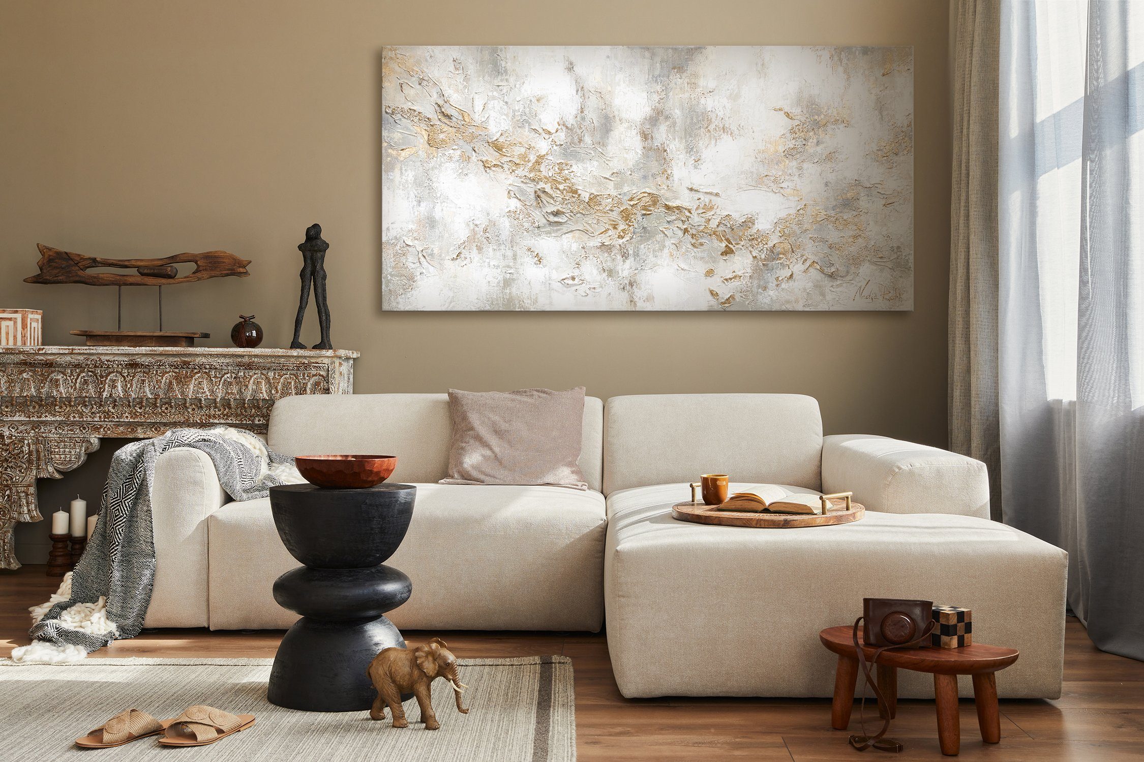YS-Art Gemälde Geschichte, Abstrakte Bilder, Leinwand Bild Handgemalt Gold Weiß Beige Gelb