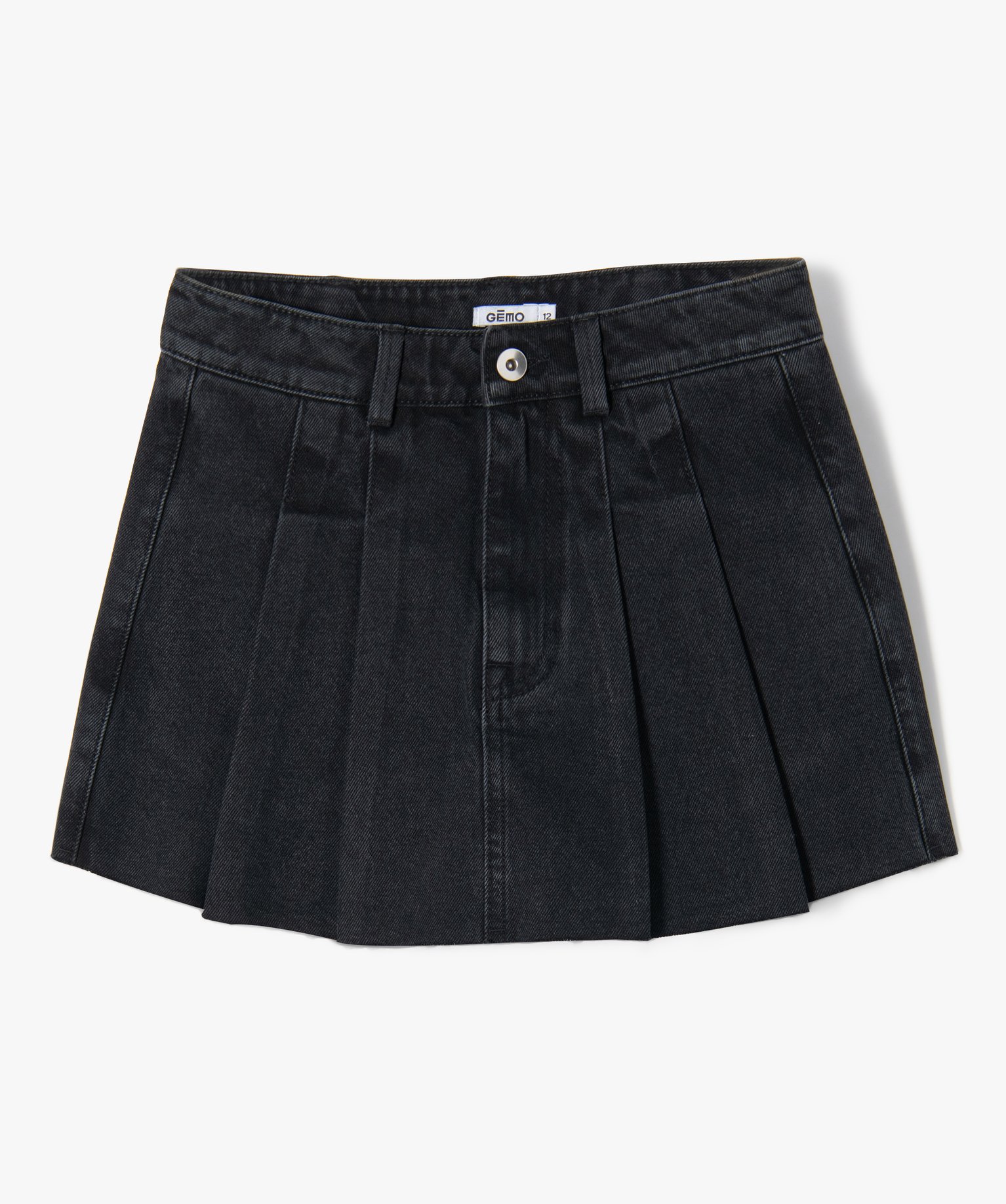 Jupe-short fille en denim avec plis sur l'avant noir | GEMO