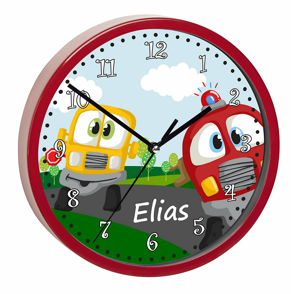 Kinder Wanduhr laufruhig personalisiert mit Name Auto-Cartoon