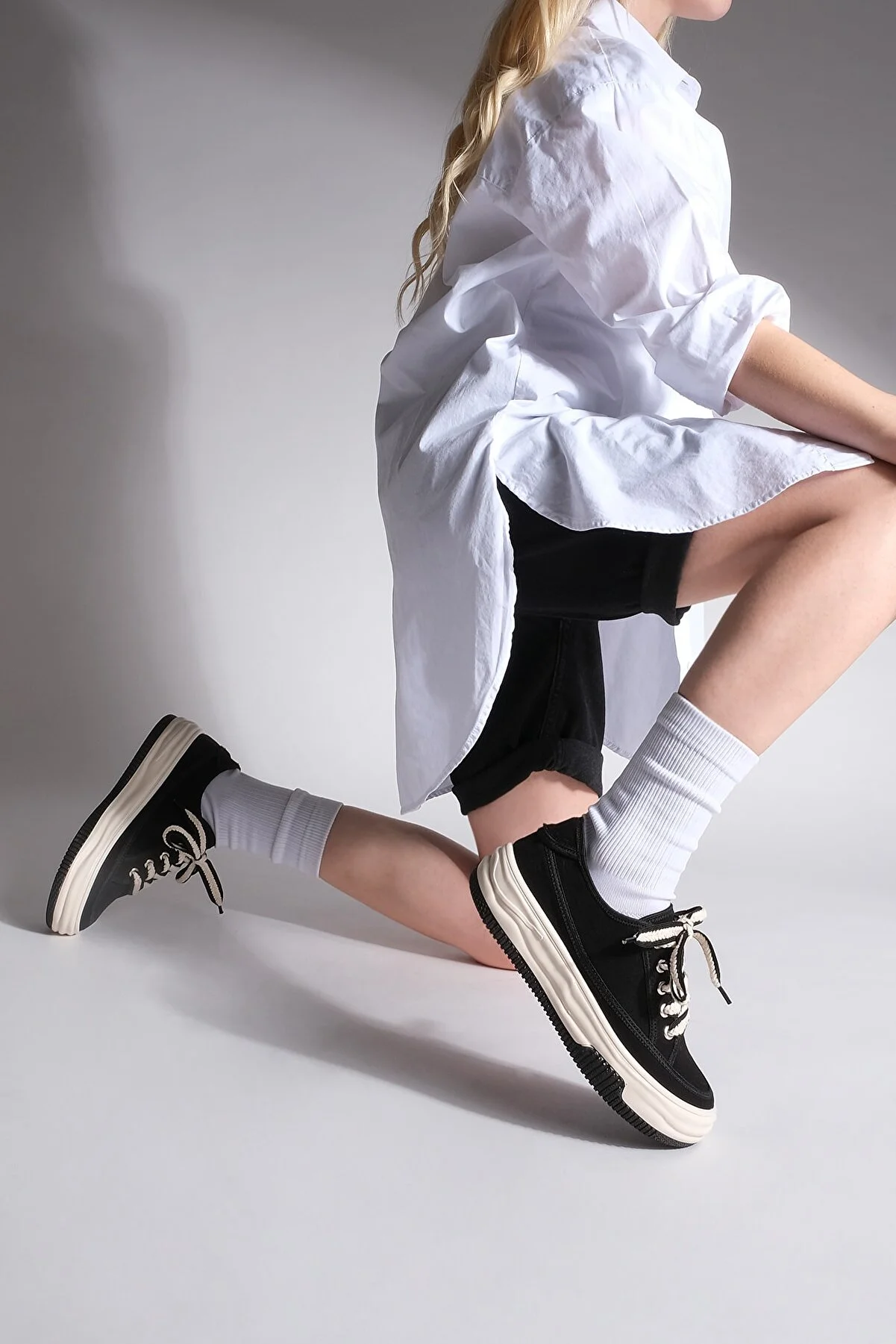Marjin  Damen Sneaker Hohe Sohle Schnürschuh Stoff Sportschuhe Kotnel schwarz