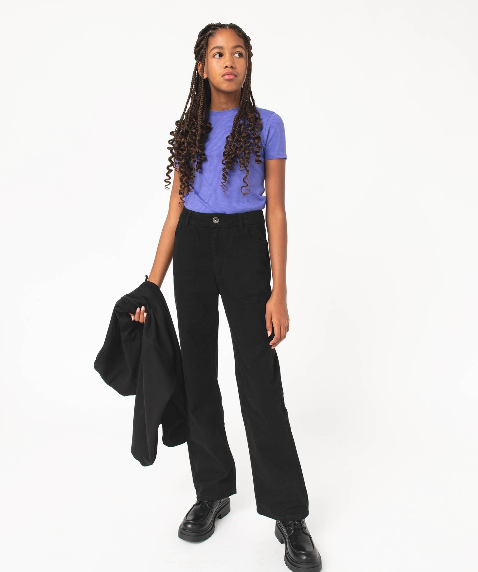 Pantalon en toile coupe large à taille haute fille noir | GEMO