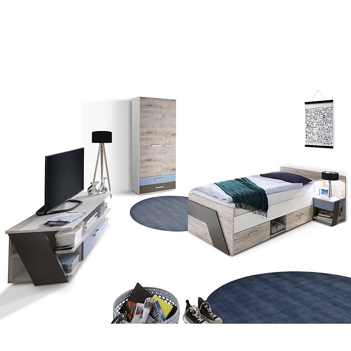 Jugendzimmer Set mit Bett 90x200 cm mit Kleiderschrank LEEDS-10 in Sandeiche Nb. mit weiß, Lava und Denim Blau