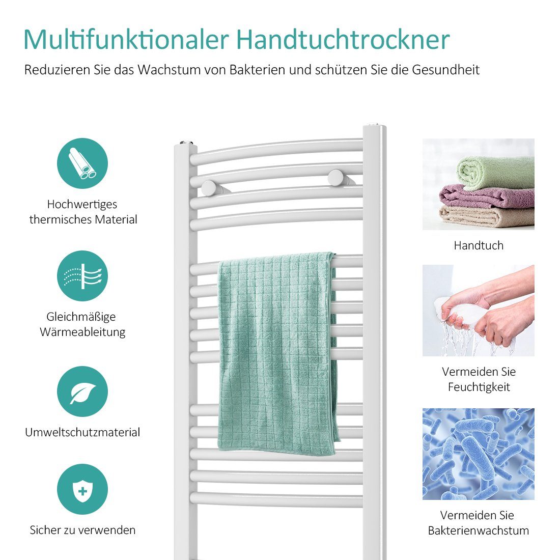 EMKE Elektrischer Badheizkörper EMKE Badheizkörper Elektrisch Handtuchwärmer mit Thermostat, Gebogen Handtuchtrockner mit Heizstab Weiß/Anthrazit