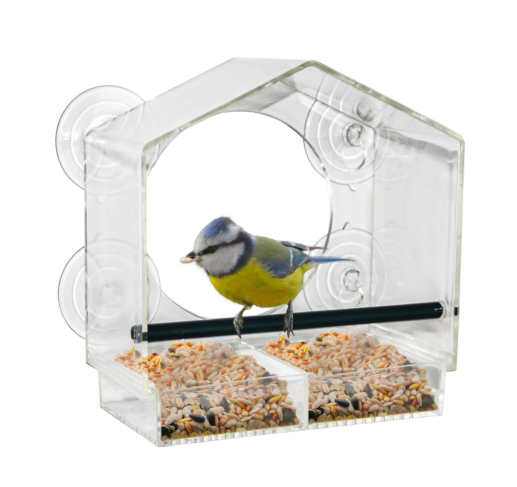 Spetebo Vogelhaus Fenster Futterhäuschen für Vögel - 20 x 18 cm, Transparentes Vogelhäuschen mit Saugnäpfen und Sitzstange