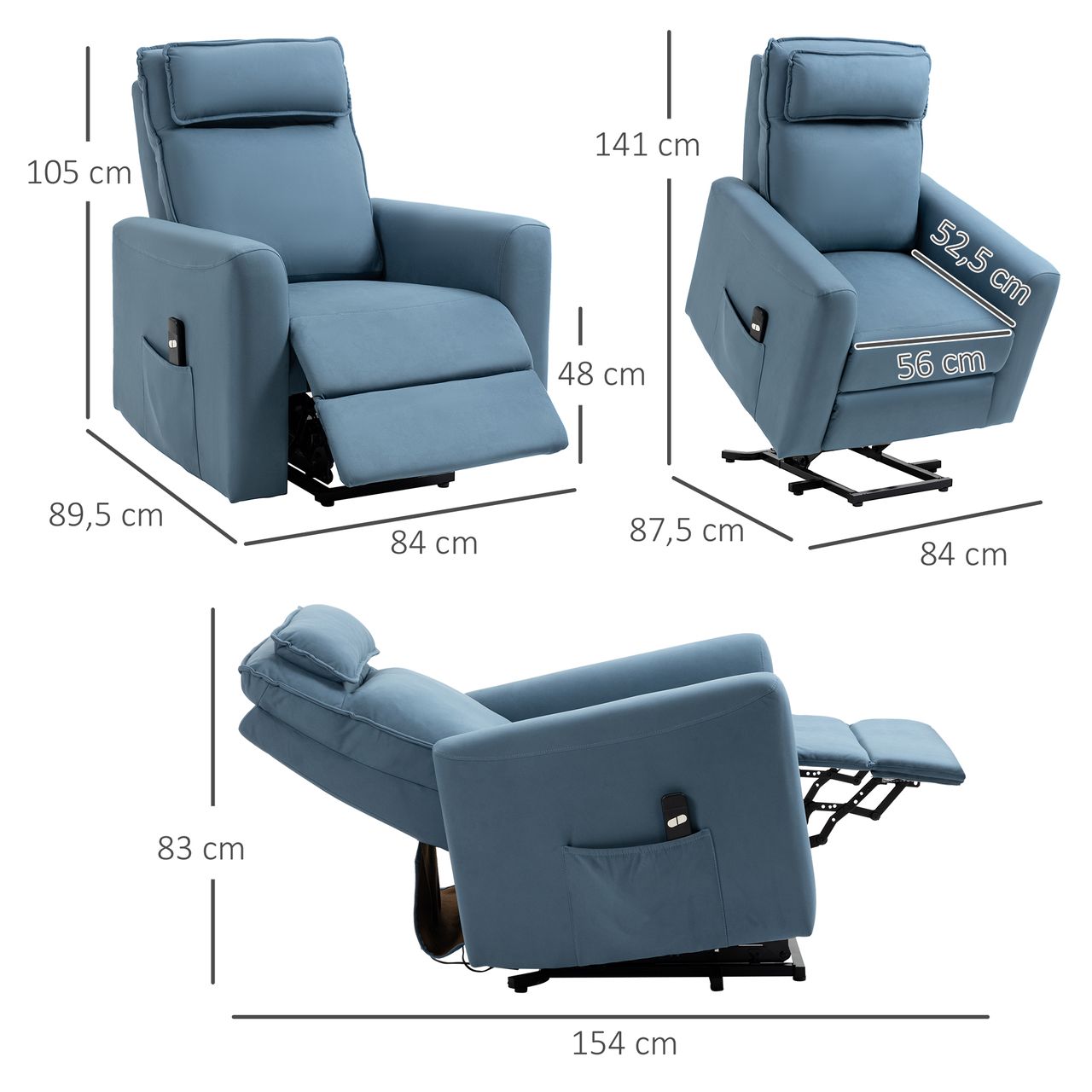 HOMCOM Elektrischer Aufstehsessel Relaxsessel mit Aufstehhilfe, Samt, Blau