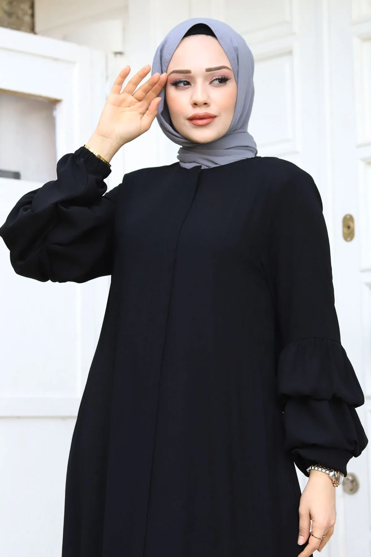 Tesettür Dünyası  Doppelter Ballonarm-Detailrock mit Volant-Hijab Ferace TSD240247 Schwarz