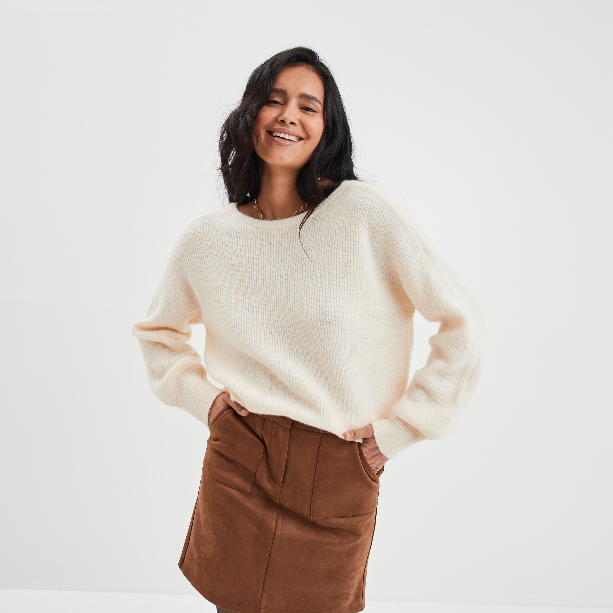 Pull réversible dos col en V creme femme | La Halle