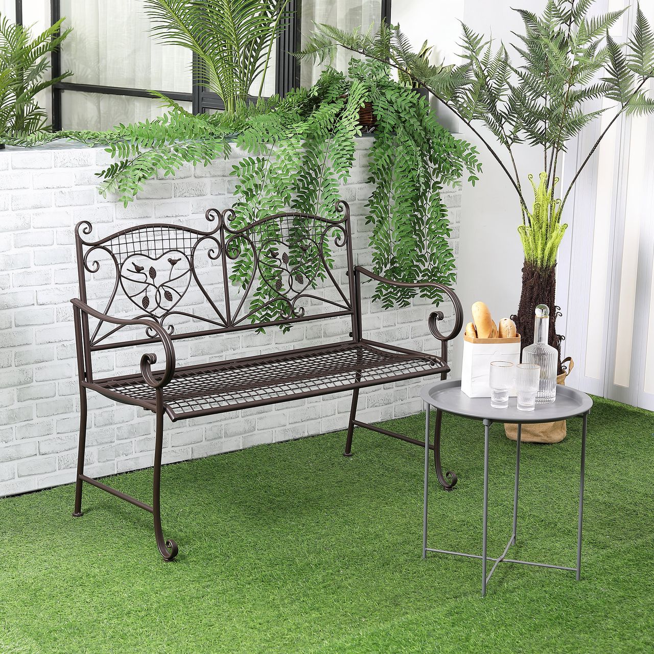 Outsunny Gartenbank 2-Sitzer Parkbank Sitzbank mit Rückenlehne bis 220 kg Gartenmöbel wetterfest Antik Metall Kaffee 114 x 53,3 x 91 cm