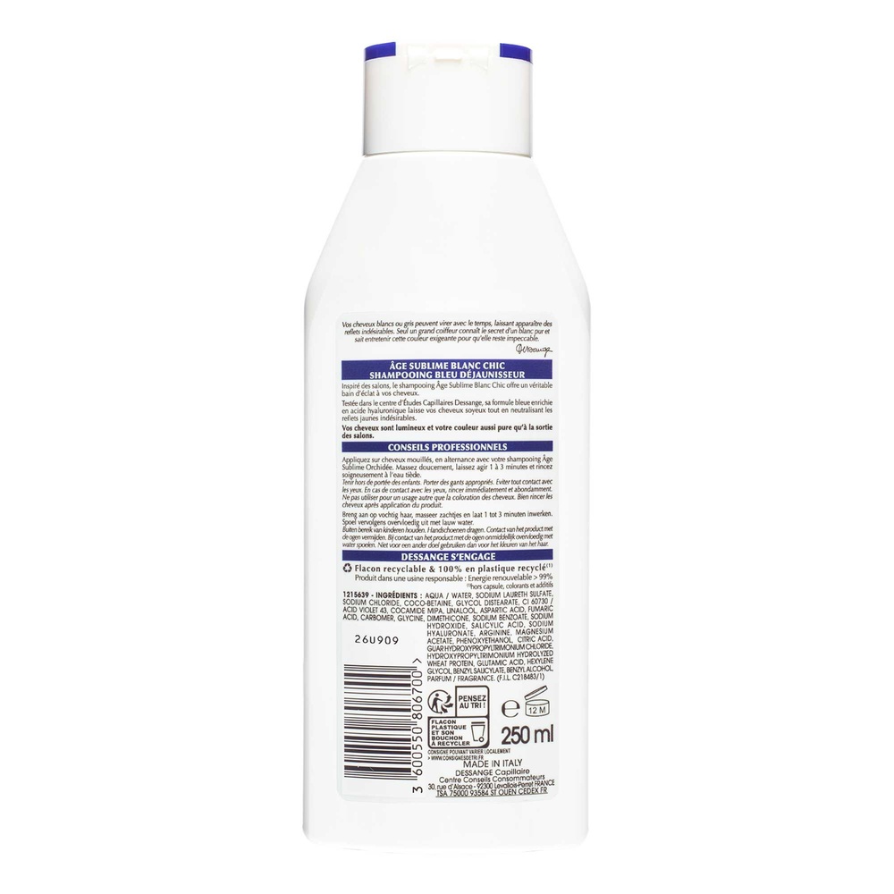dessange Age Sublime Blanc Chic Shampooing Déjaunisseur pour Cheveux Blancs et Gris