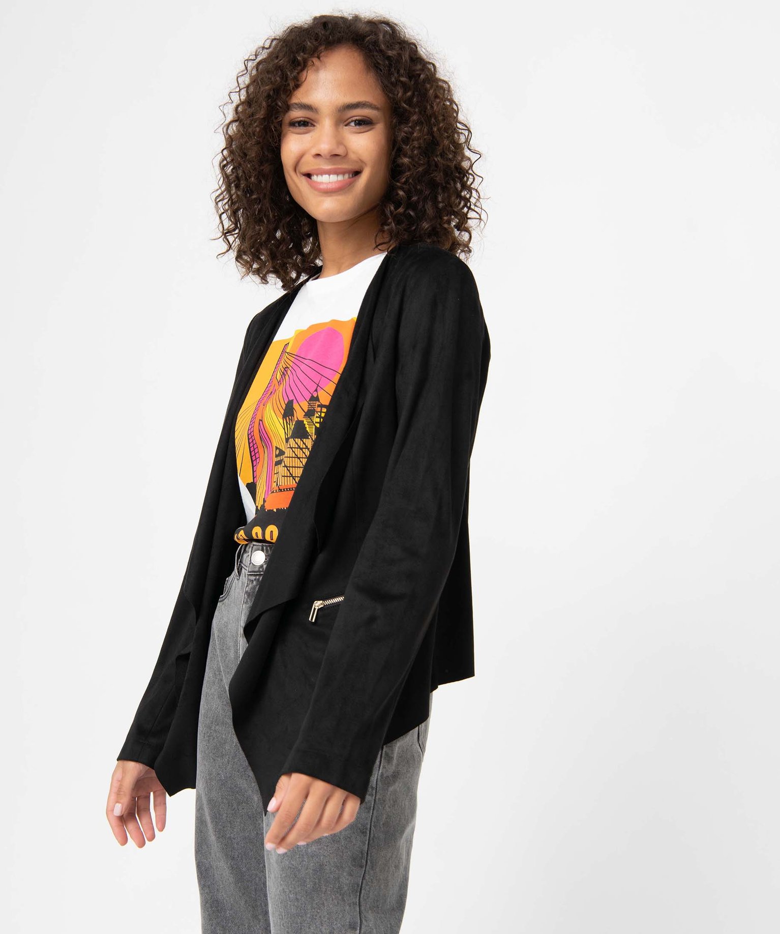 Veste femme en suédine coupe asymétrique noir | GEMO