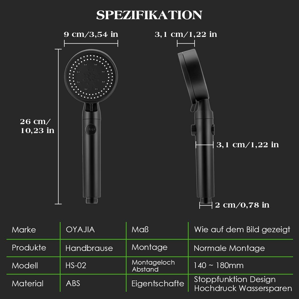 oyajia Handbrause Hochdruck Duschkopf Handbrause Sparduschkopf 5 Strahl Einstellungen, Handbrause Mit Wasserstopp-Taste, Mit Brauseschlauch 1.5m