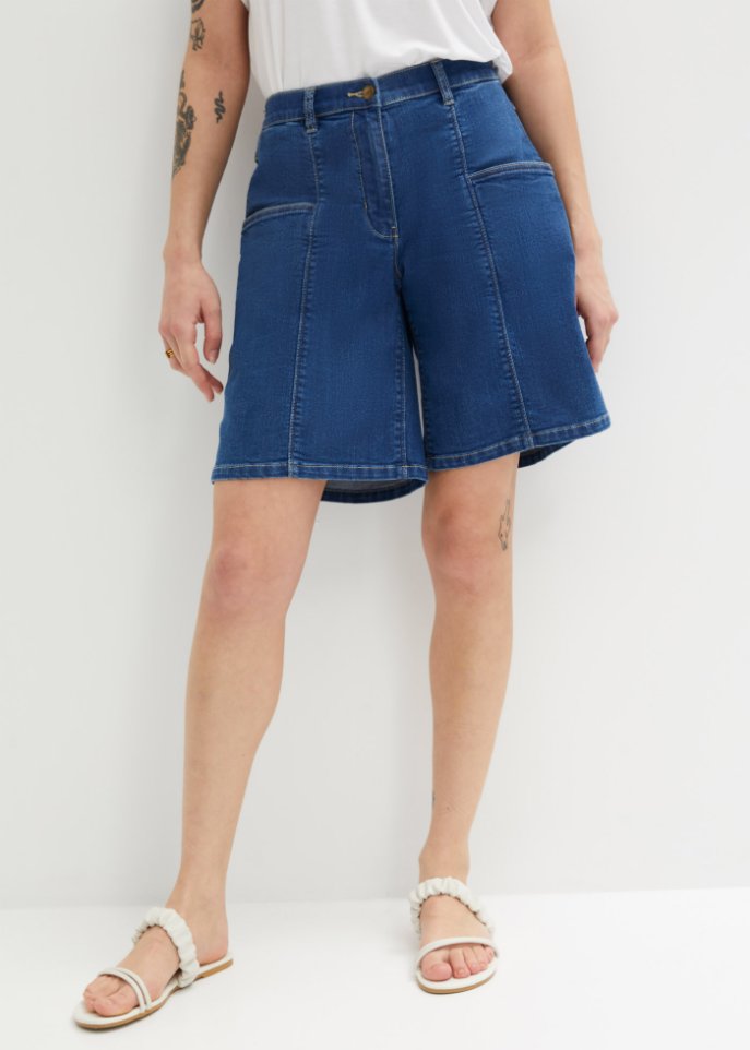 High-Waist-Jeans-Bermuda mit großen Taschen und Bequembund