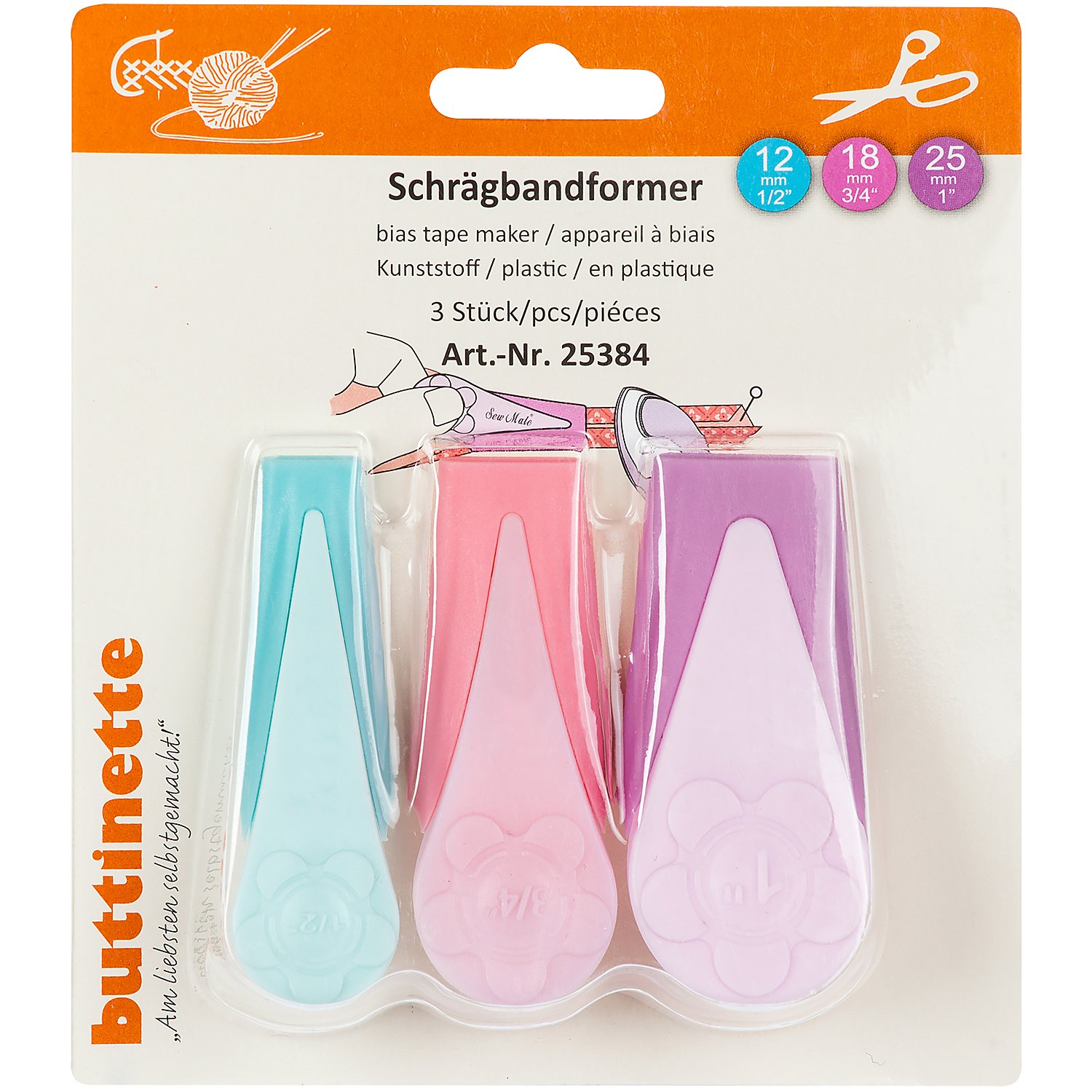buttinette Schrägbandformer im 3er-Set, Breite: 12 mm, 18 mm und 25 mm