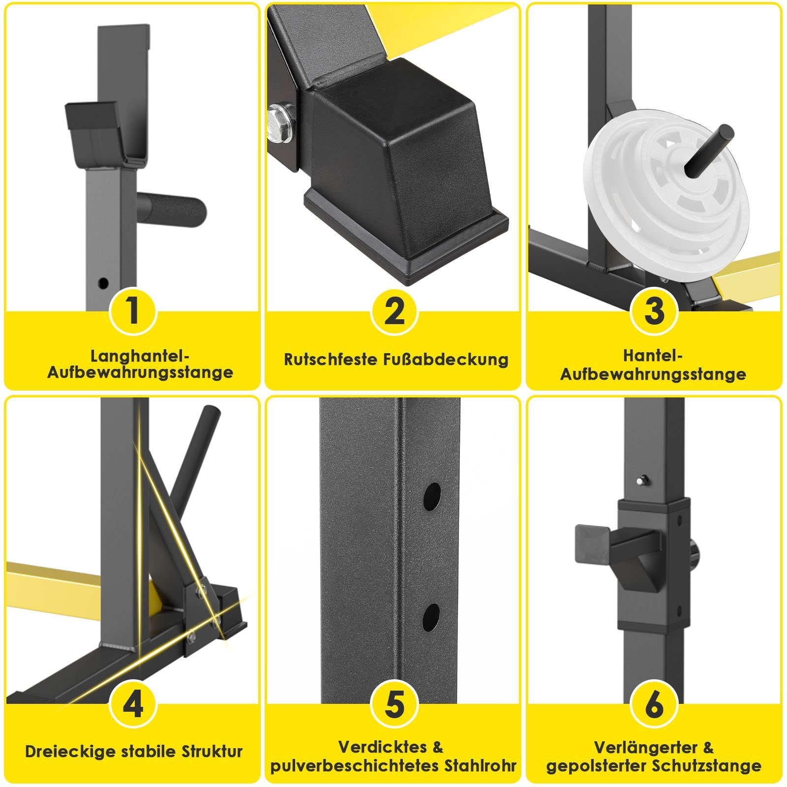 Femor Hantelbank, Squat Rack, Langhantelablage verstellbar bis 200kg