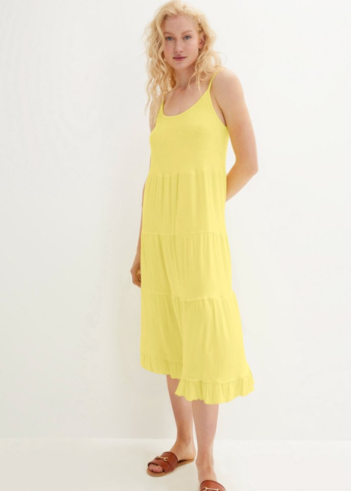 Shirtkleid mit Volants und verstellbaren Spaghetti-Trägern in Midi-Länge, A-Line