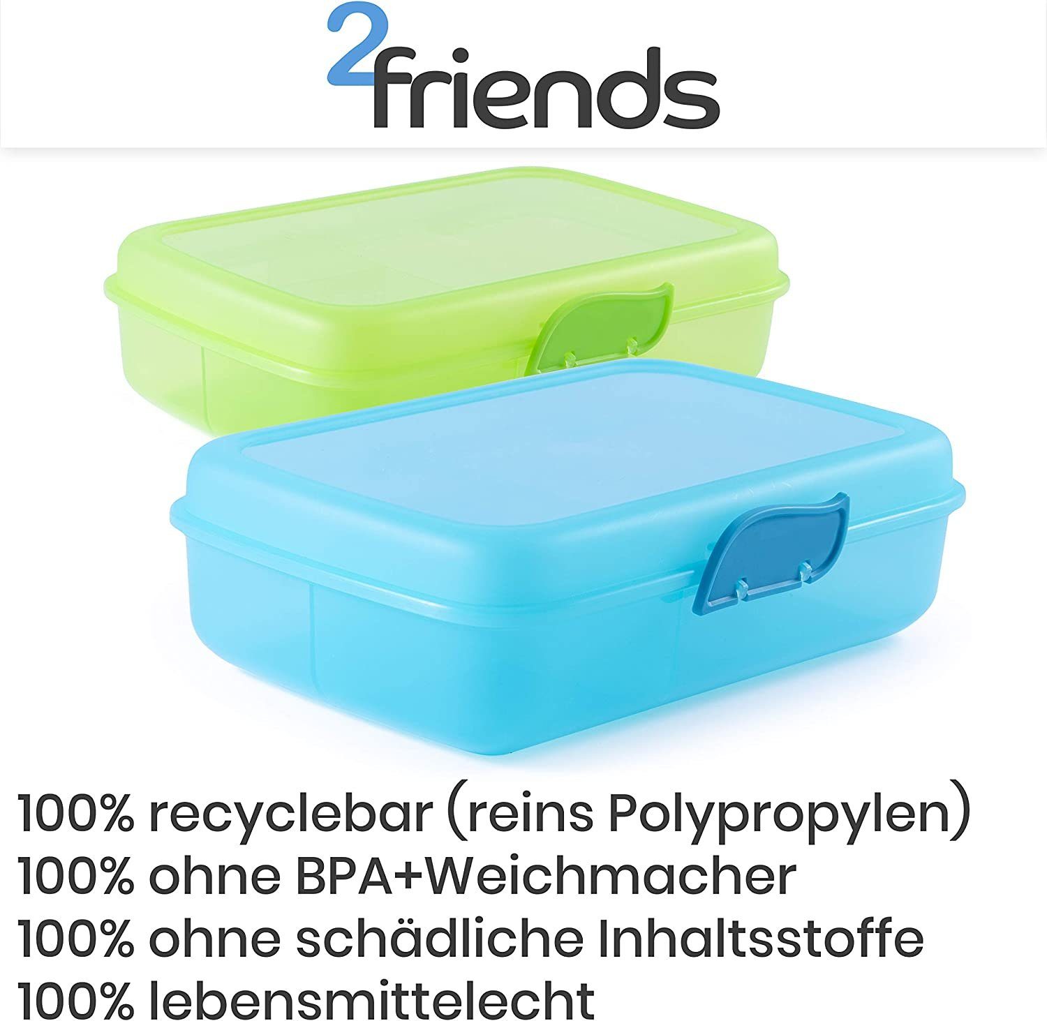 2friends Lunchbox 2er Set. Brotdose mit Fächern und Clickverschluss, Lunchbox, Kunststoff, (Set, 2-tlg., 2 Schraubdeckeldosen), Frühstücksbox, ohne BPA, grün und blau, 100% recyclebar