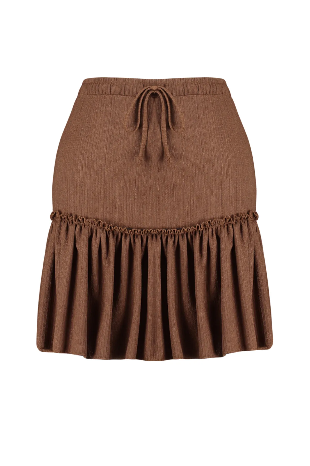 Trendyol Curve  Brauner Mini-Strickrock mit Rüschen TBBSS24AZ00020