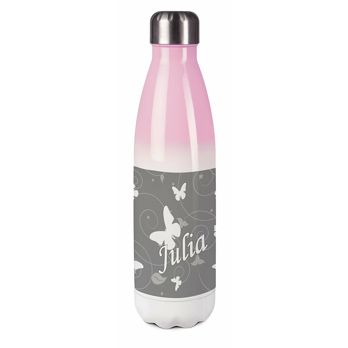 Edelstahl Kinder Thermoflasche / Trinkflasche bunt Schmetterling Ornamente Farbe grau Spülmaschinenfest, Auslaufsicher, Bruchfest, Doppelwandig, Für Heißgetränke geeignet, Mit Deckel, Isoliert