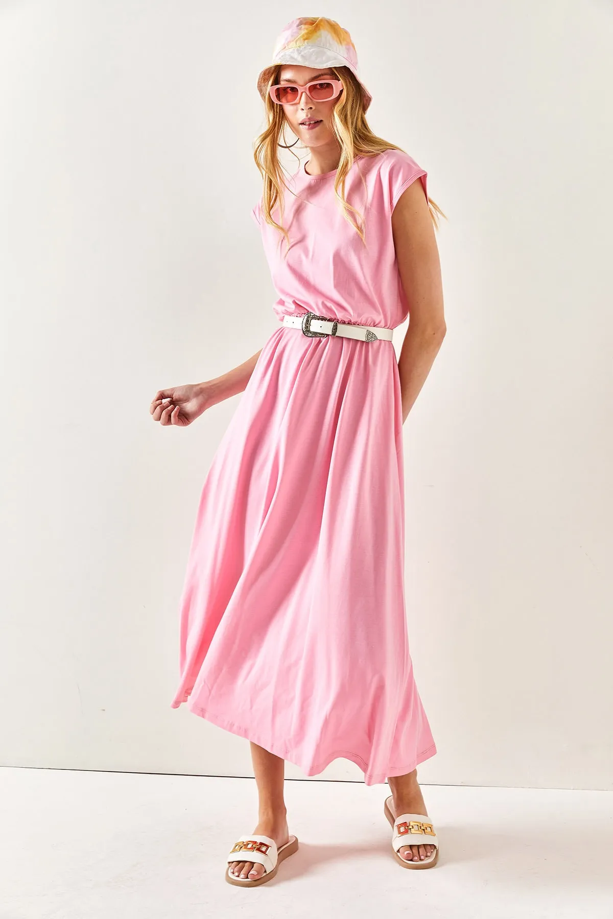 Olalook  Rosa Fledermaus-Baumwollkleid für Damen mit elastischem Bund ELB-19001509