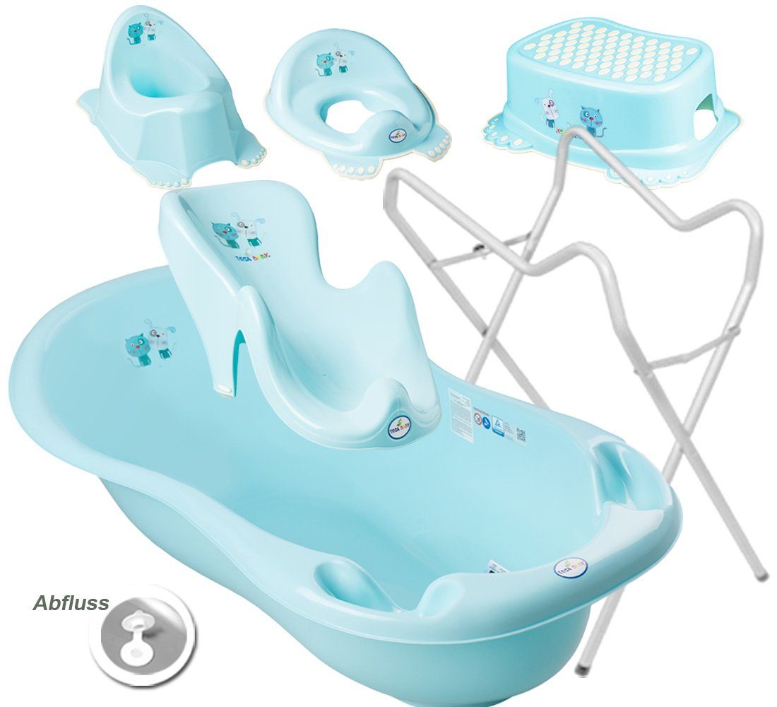 Tega-Baby Babybadewanne 5 TEILE Set DOG & CAT Blau + Ständer Weiss - Babybadeset Wanne 84 cm, (Made in Europe Premium.set), ** Wanne + Badesitz +Topf + Wc Aufsatz + Hocker + Ständer **