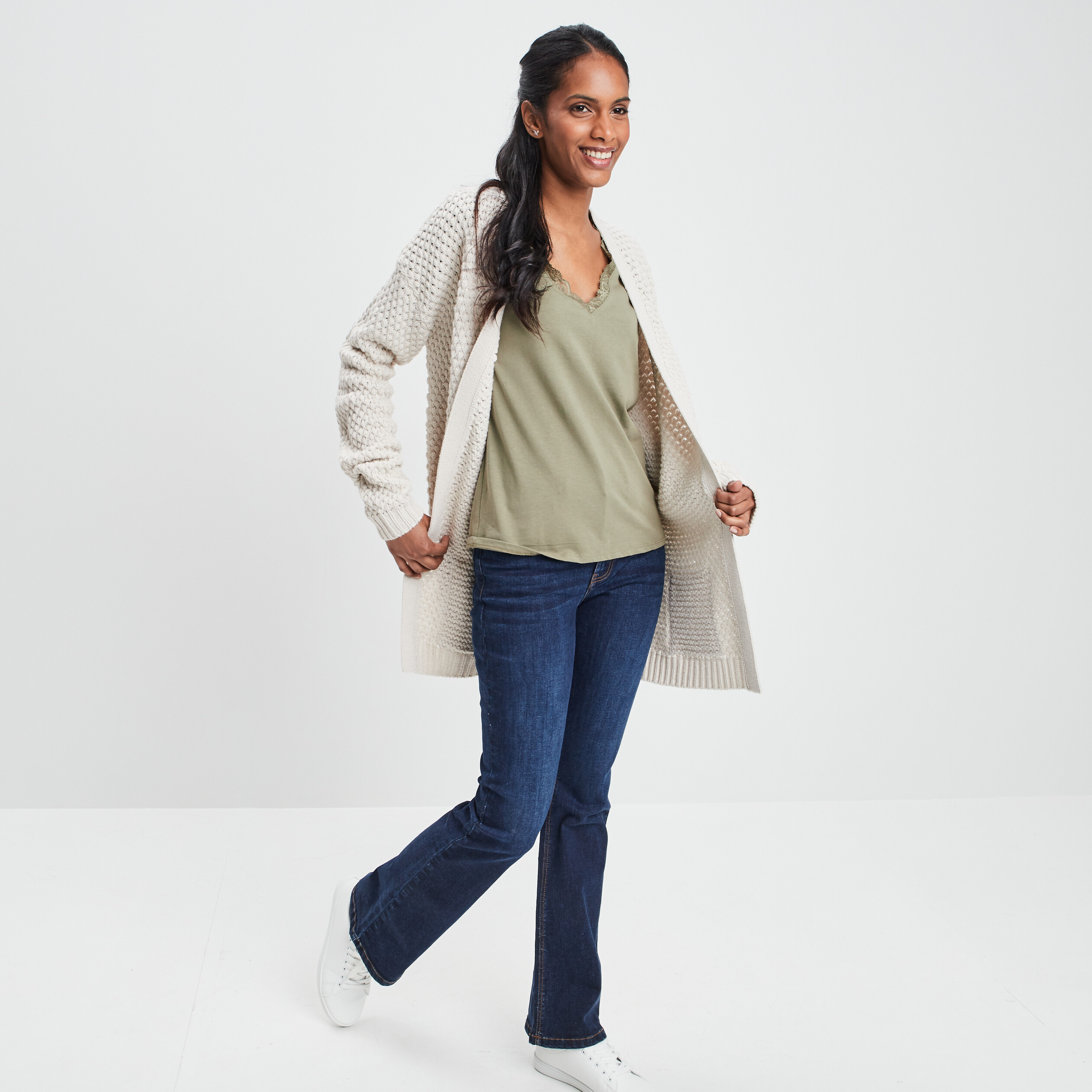 Gilet long manches longues ivoire femme | La Halle