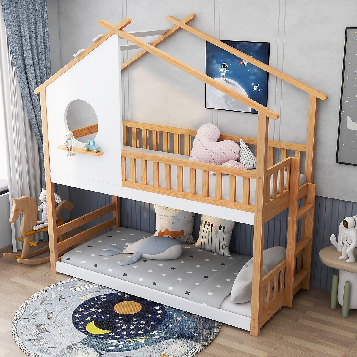 Etagenbett mit rechtwinkliger Leiter, Kinderbett, mit Fallschutz und Barriere, Rahmen aus Kiefernholz