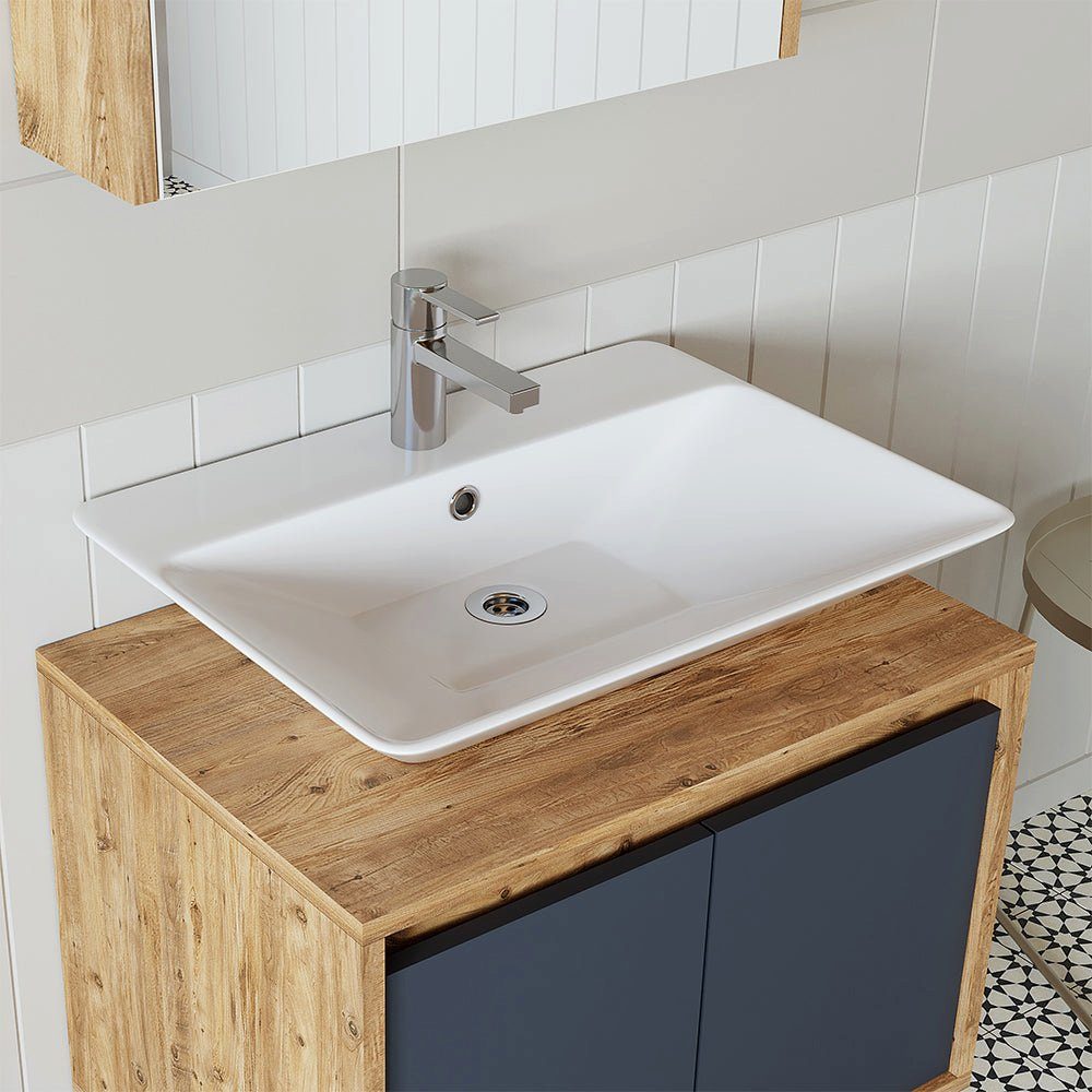 Roomart Badmöbel-Set, (Badmöbel Set 65cm Unterschrank Waschbecken Spiegelscrank Hochschrank)