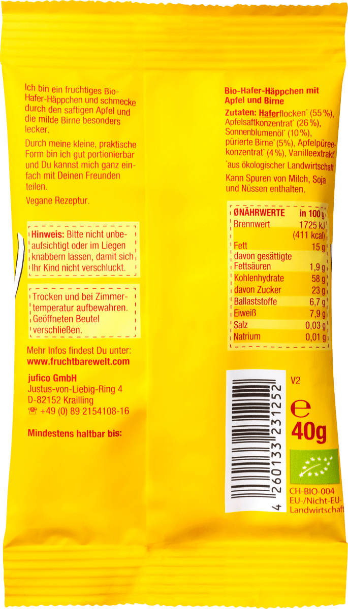 Kindersnack Hafer-Häppchen, Apfel, Birne, Hafer ab 12 Monaten, 40 g