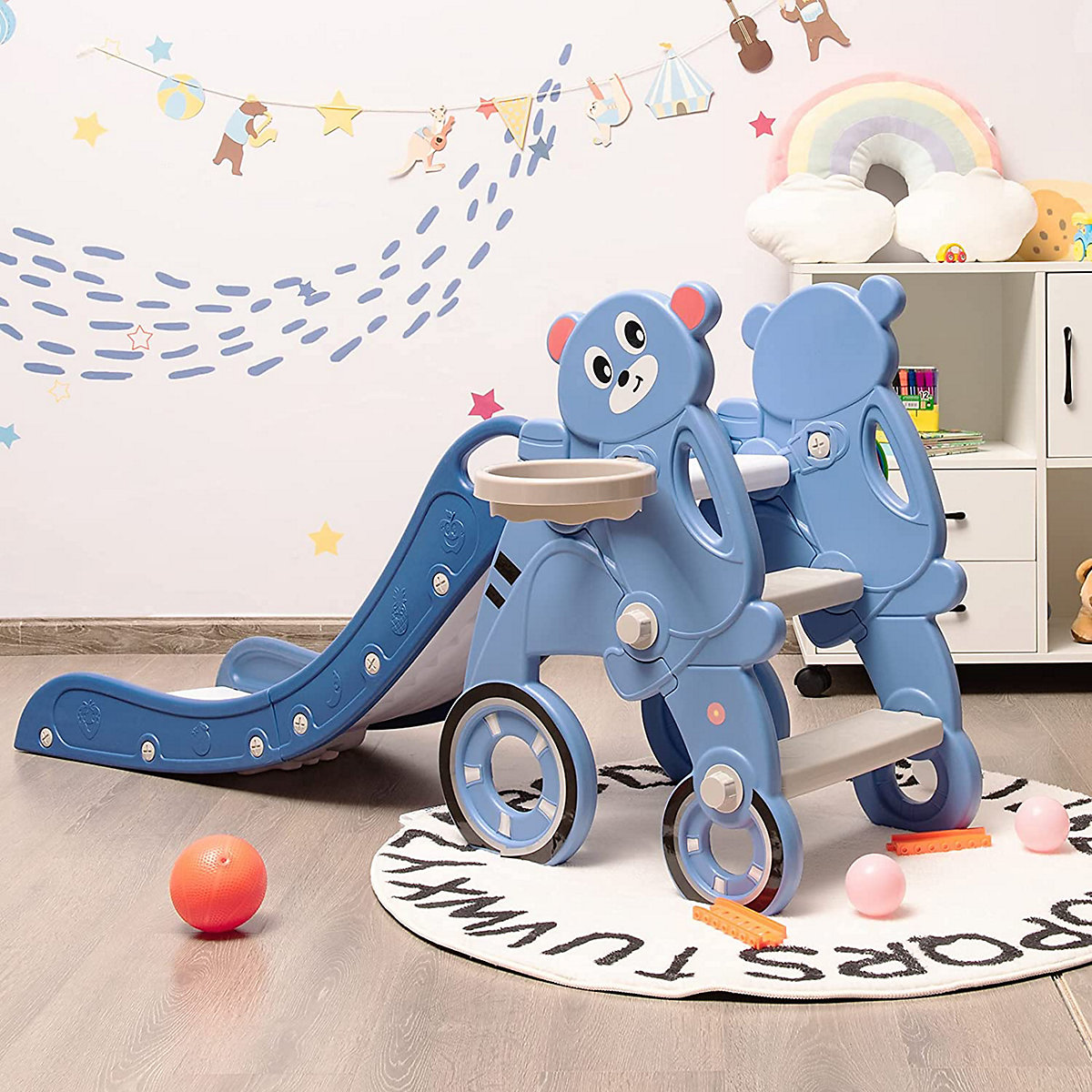 Kinderrutsche Bärenmuster mit Basketballkorb