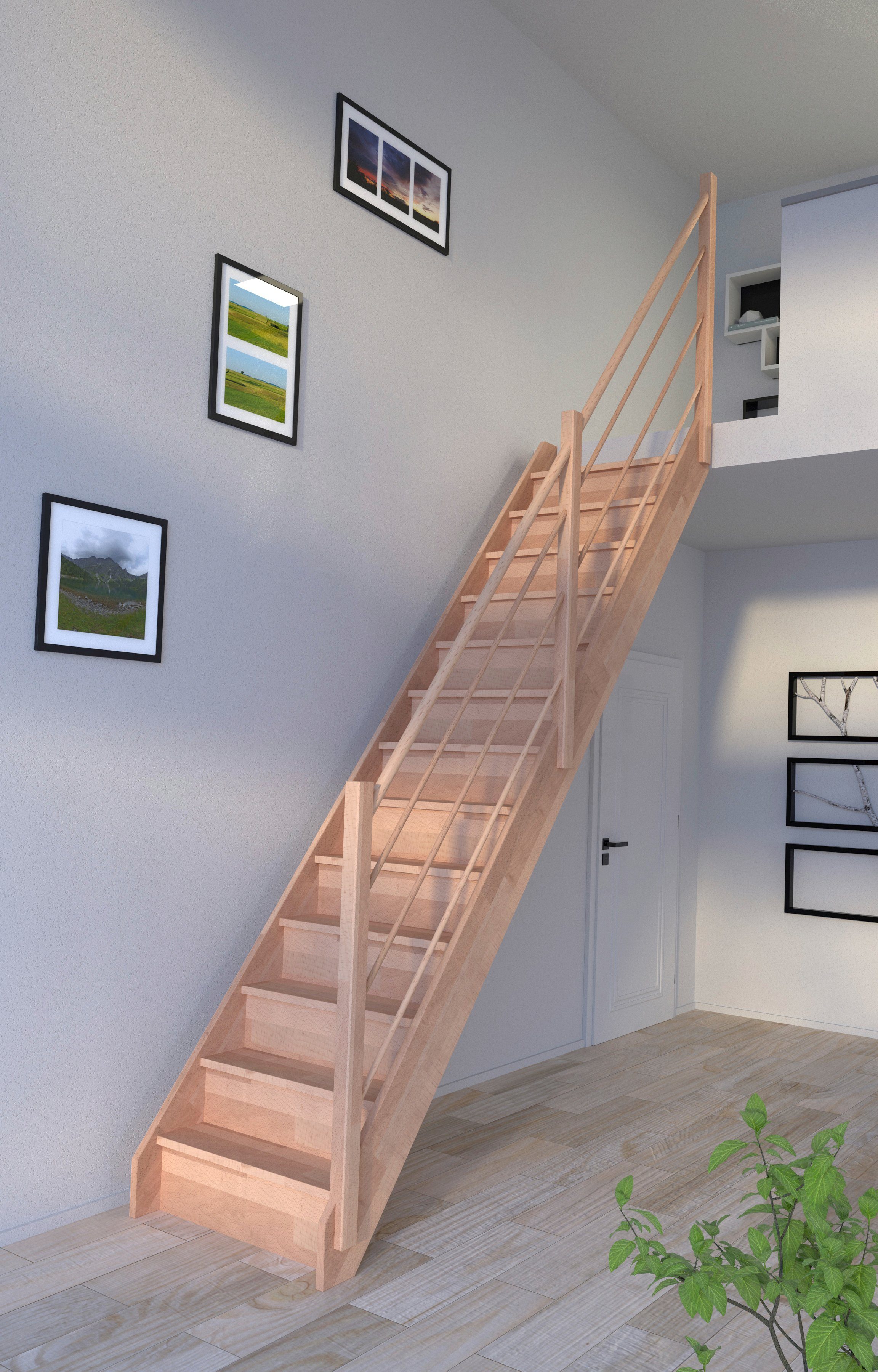 Starwood Raumspartreppe Massivholz Rhodos, Holz-Holz Design Geländer Rechts, für Geschosshöhen bis 300 cm, Stufen geschlossen, Durchgehende Wangenteile