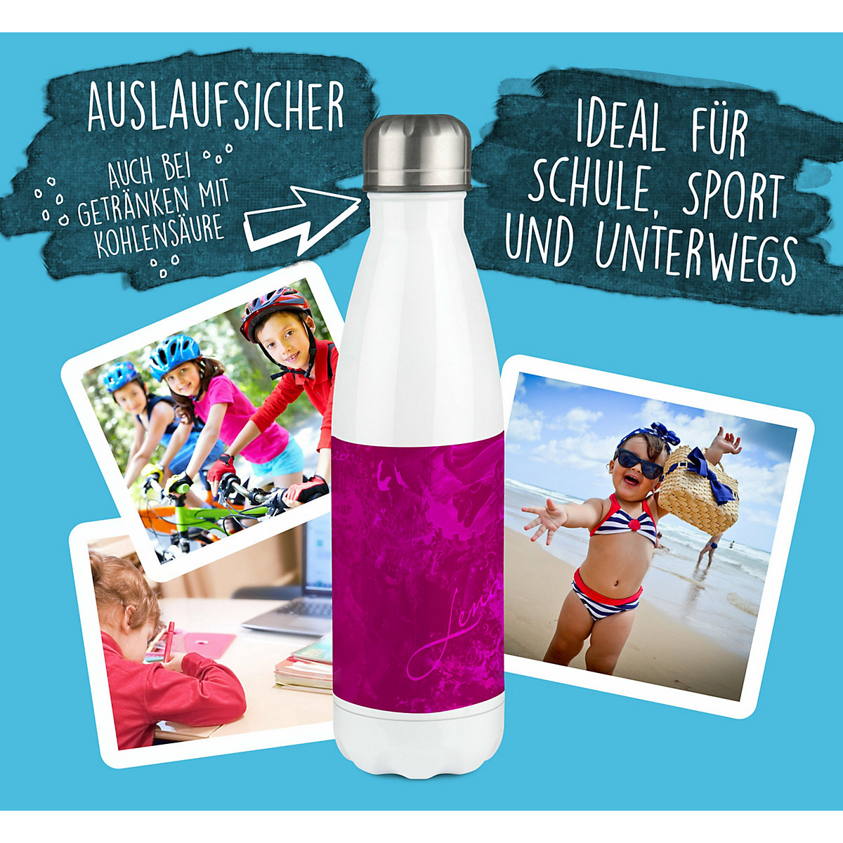 Edelstahl Kinder Thermoflasche / Trinkflasche bunt Traum Farbe brombeere Spülmaschinenfest, Auslaufsicher, Bruchfest, Doppelwandig, Für Heißgetränke geeignet, Mit Deckel, Isoliert