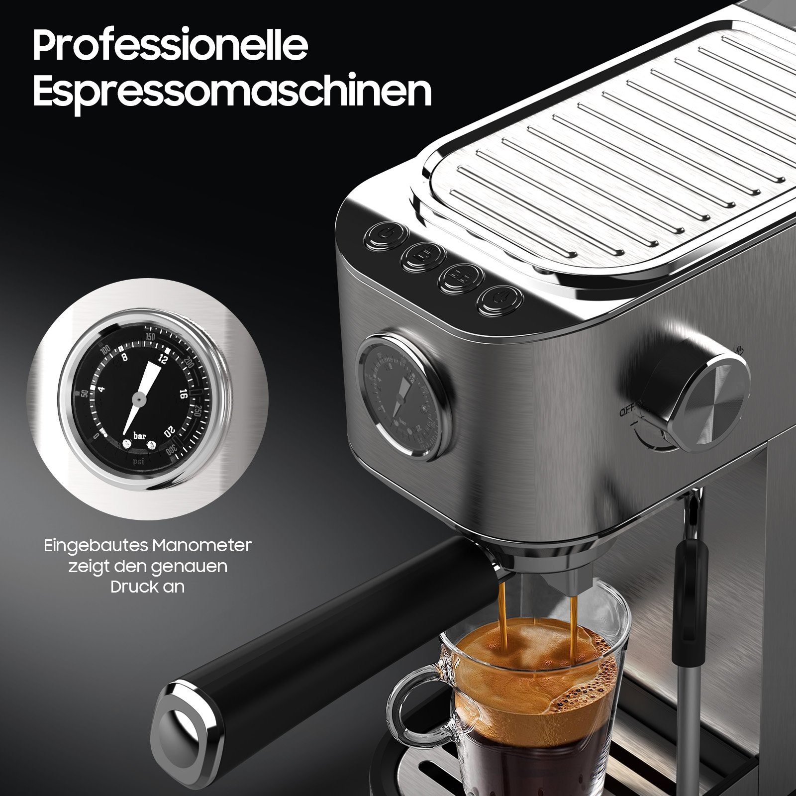 Aoucheni Espressomaschine Programmierbare,Zerkleinerer,1400W,Visuelles Manometer, Korbfilter, schnell 1-2 Tassen,mit Profi-Milchaufschäumer,20 Bar Hochdruckpumpe