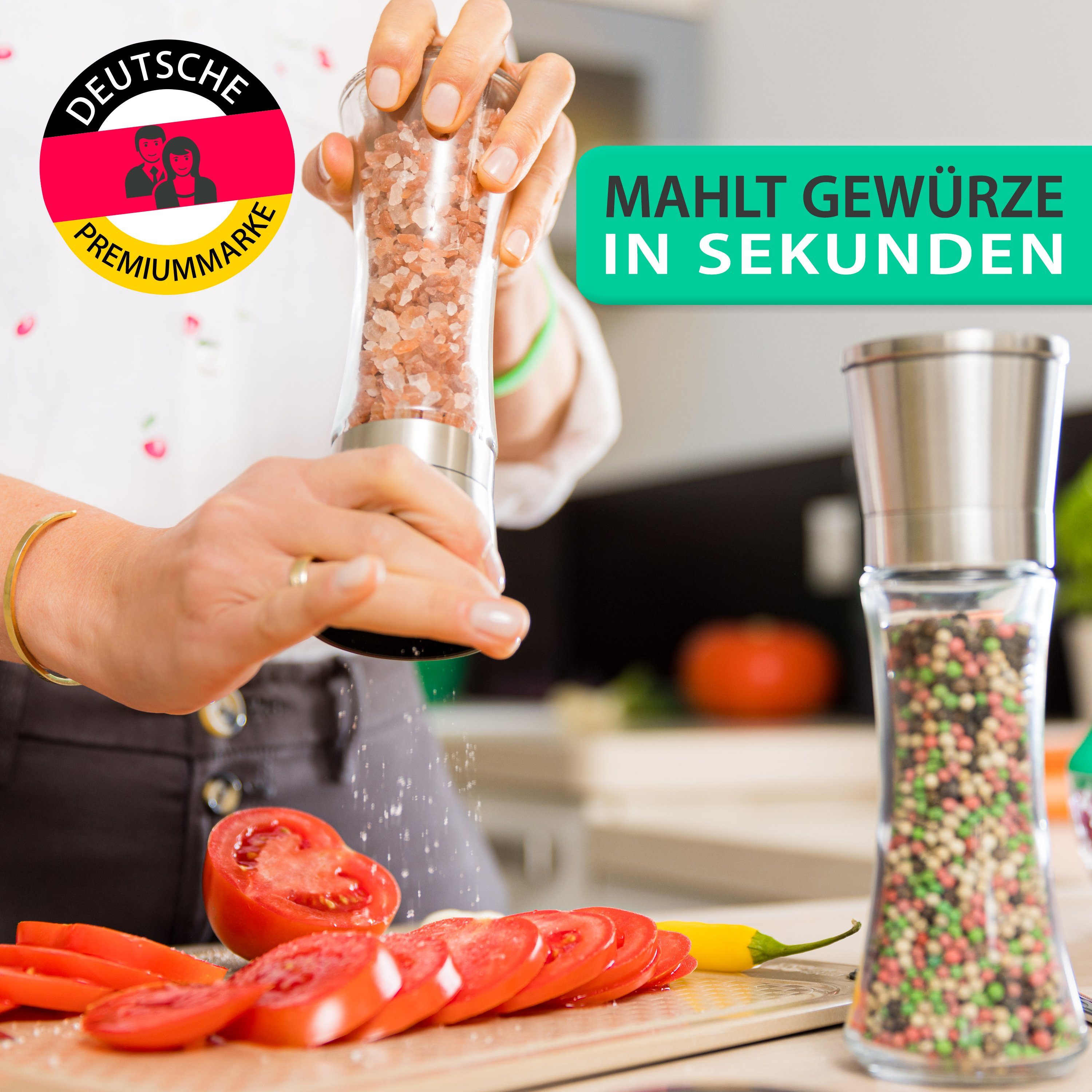 freegreen® Gewürzmühle PREMIUM Salz und Pfeffermühle 19cm 2er Set + Clean Eating Kochbuch Manuell für ein einzigartig gleichmäßiges Mahlergebnis!, mit verstellbarem Keramik-Mahlwerk und Geschenkverpackung