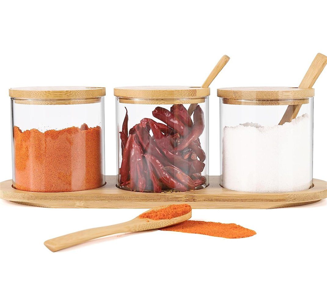 MULISOFT Gewürzbehälter 3 x 300ml Gewürzdosen Glas Gewürzgläser Set, (mit Bamboo Löffel, Deckel und Paletten), Gewürz Organizer für Küche und Esstisch