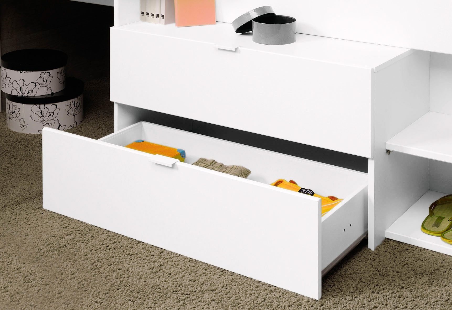 Parisot Hochbett Milky mit kleiner Arbeitsfläche und kleiner Kommode, extra Stauraum