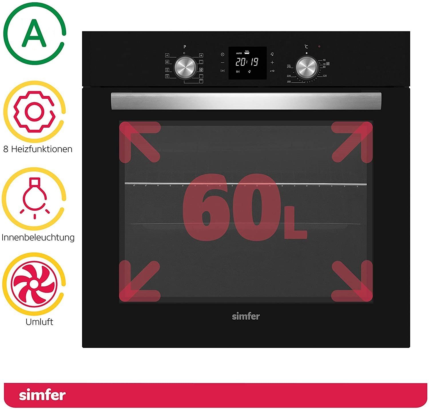 Simfer Einbaubackofen SMF-BO 6813, 60 L, 9 Funktionen, 2-fach Verglasung, mit 1-fach-Teleskopauszug, Dampfreinigung, Digitaler Timer, Versenkbare Drehknöpfe, Seitengitter