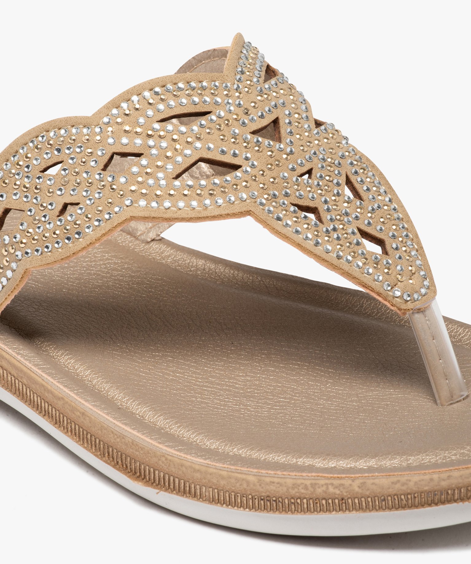 Sandales femme à entre-doigts ajouré couvert de strass or | GEMO