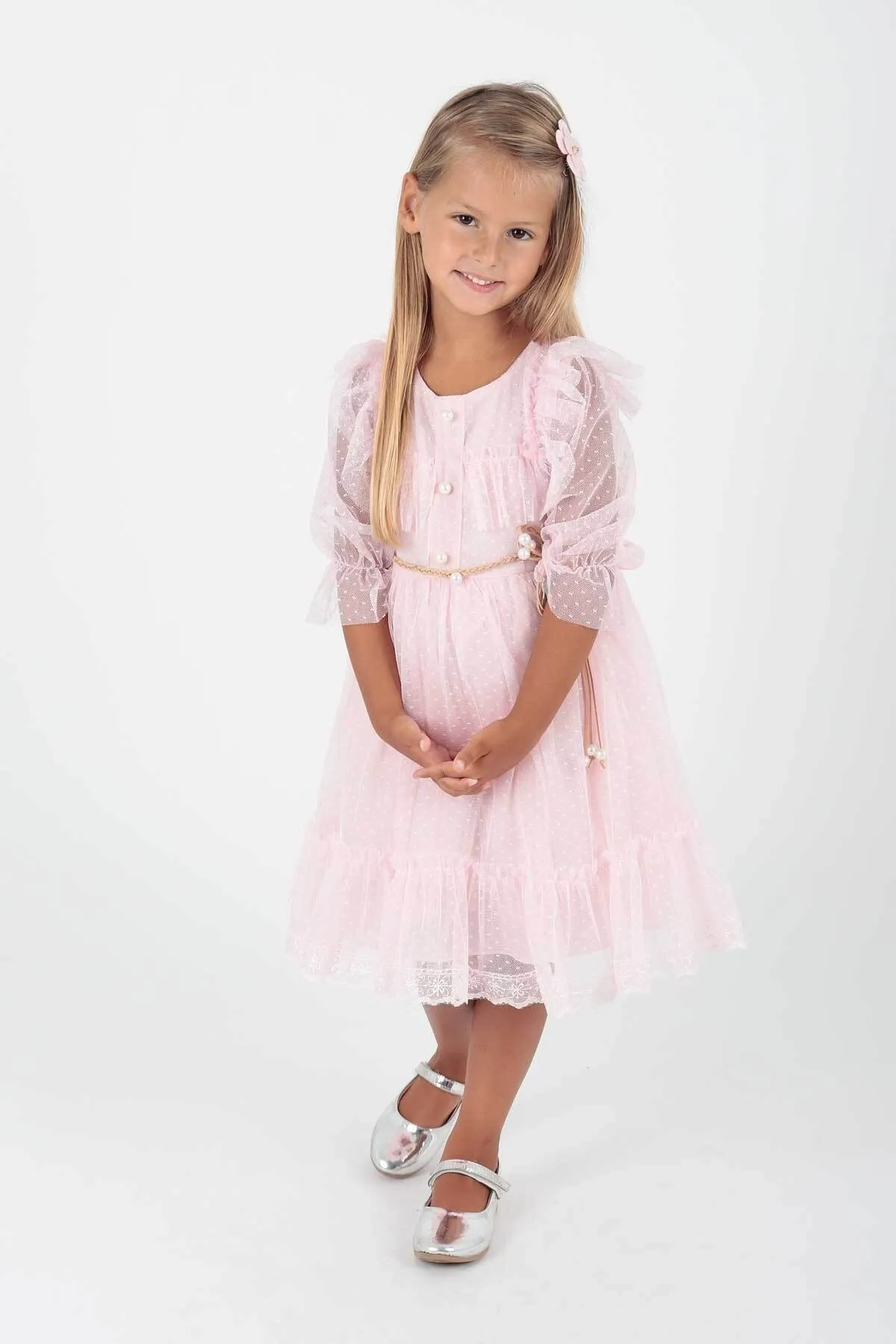 AHENGİM  Mädchen-Abendkleid aus Spitze und Tüll mit Schnalle und Gürtel Ak2206