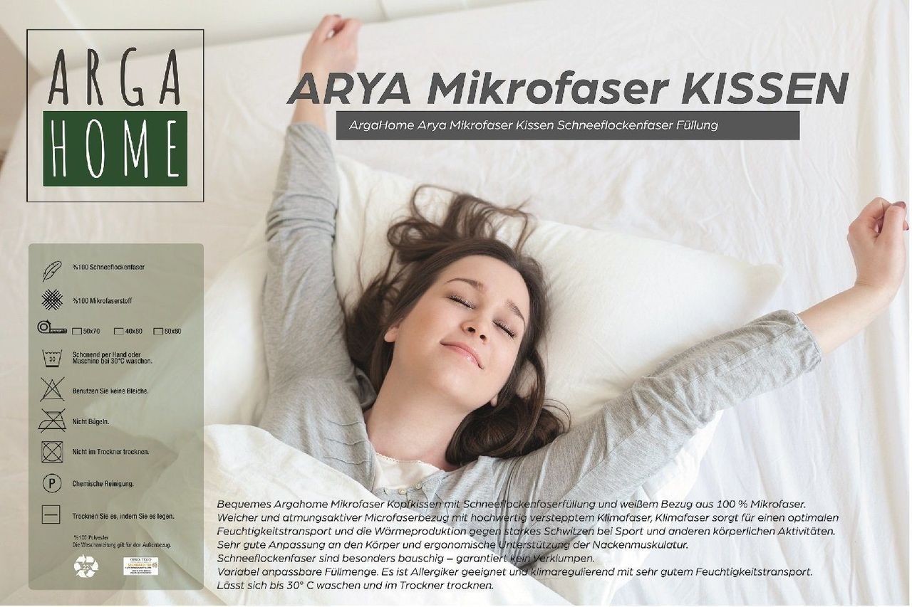 Arga Home Aryasoft Kopfkissen mit Microfaserfüllung 2 stück 80x80 | waschbar 30 Grad