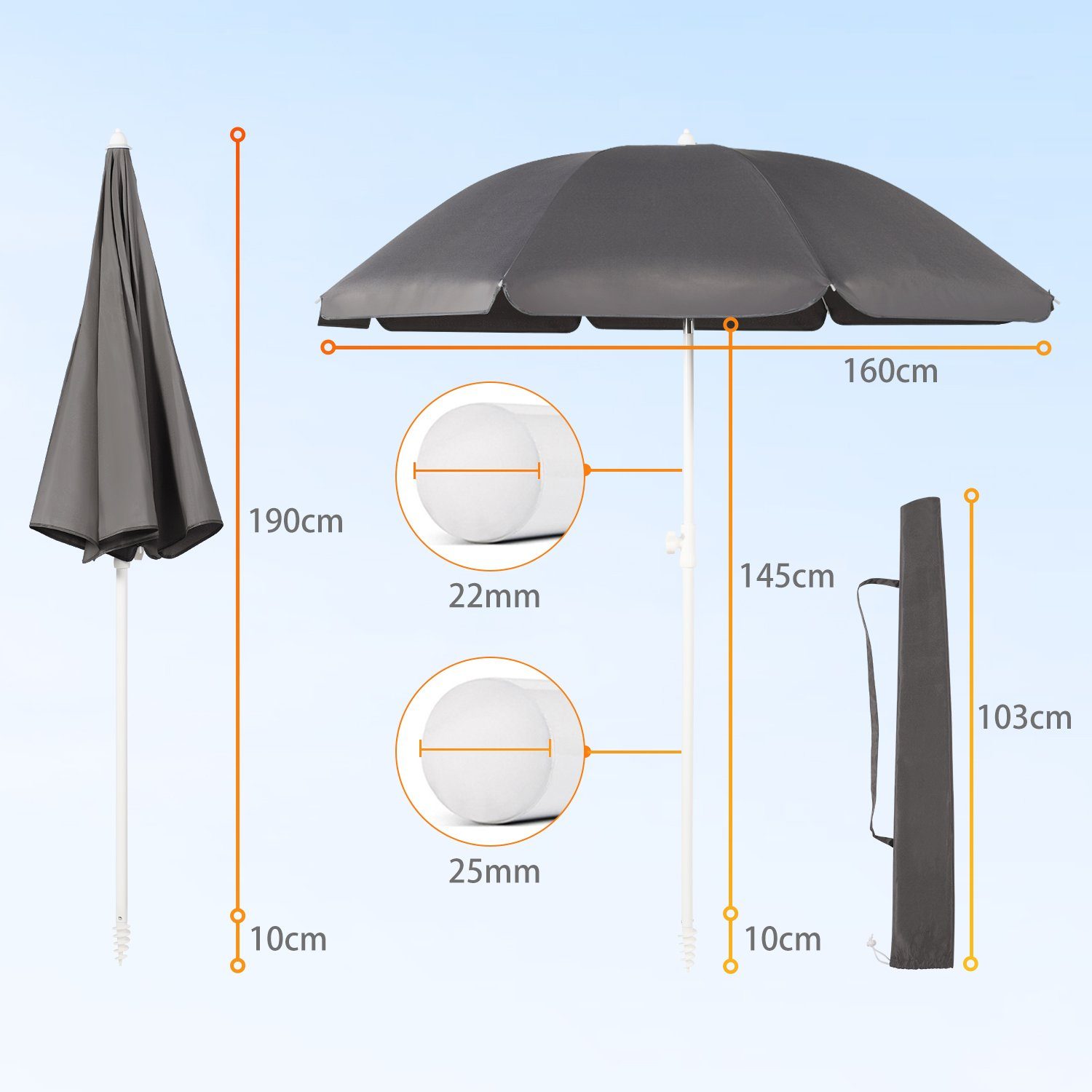 Sekey Sonnenschirm Ø160cm Balkonschirm UPF 50+, mit Tragetasche, mit Ständer / Bodenhülse, Neigungswinkel und Höhe verstellbar,für Balkon, Garten, Terrasse