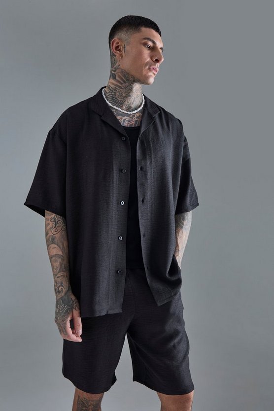 Tall kurzärmliges Oversize Leinen-Hemd & Shorts in Schwarz
