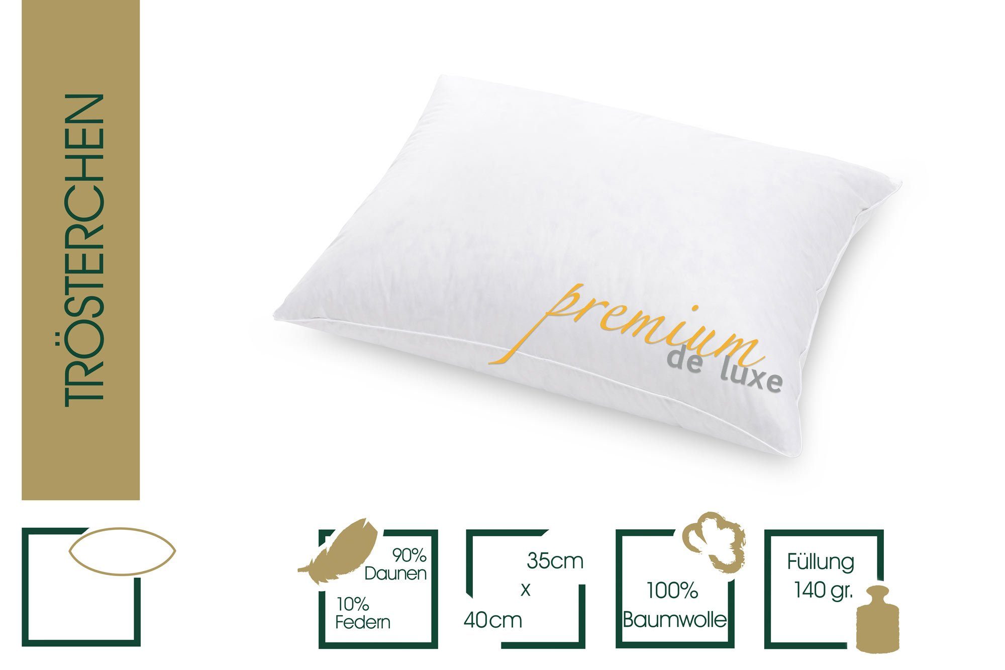 Daunenkissen Premium de Luxe, HANSKRUCHEN, Füllung: 90% Daunen, 10% Federn, Bezug: 100% Baumwolle, 35x40 cm, hergestellt in Deutschland, allergikerfreundlich