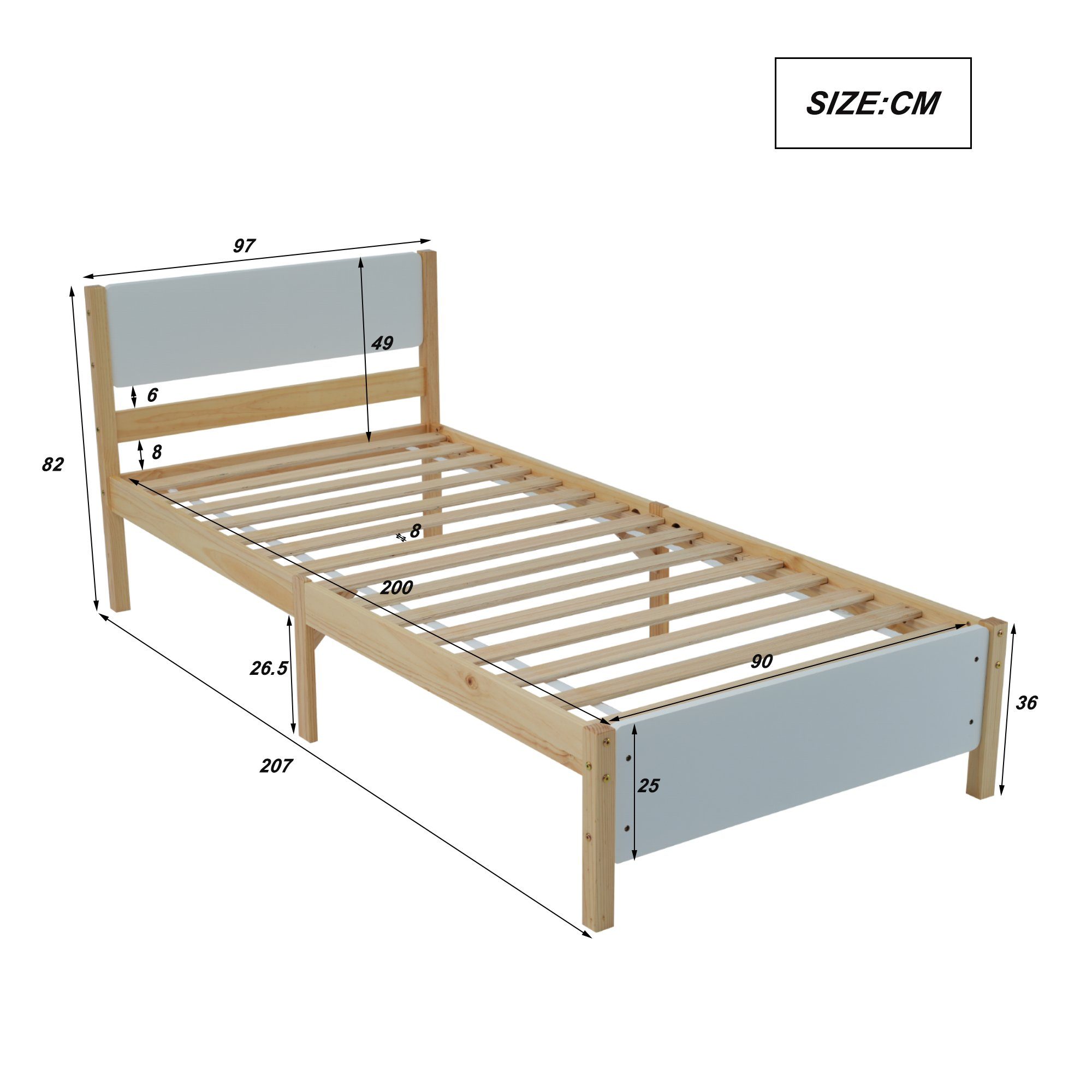 Flieks Massivholzbett, Einzelbett Kiefernholzbett mit Kopfteil und Lattenrost 90x200cm