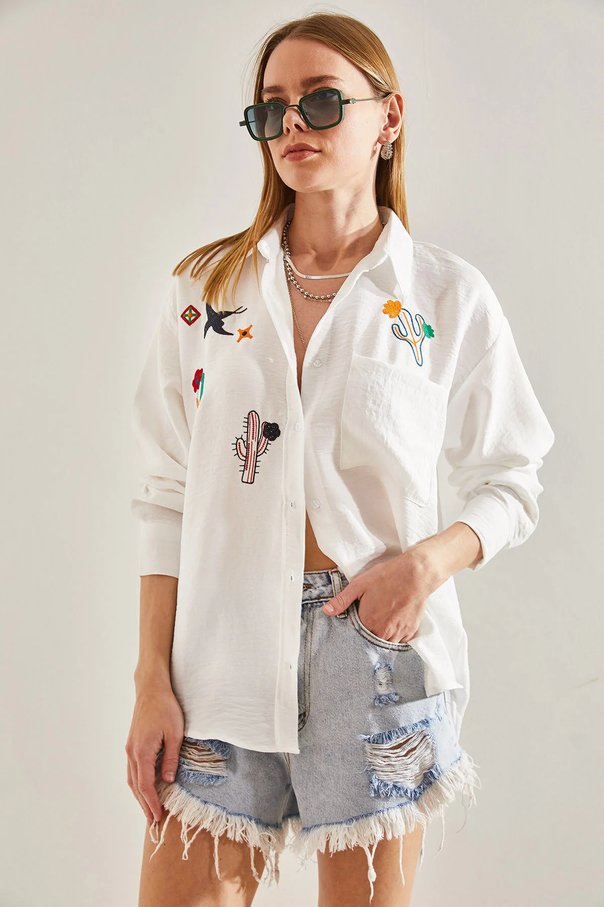 Bianco Lucci  Damen besticktes Leinenhemd
