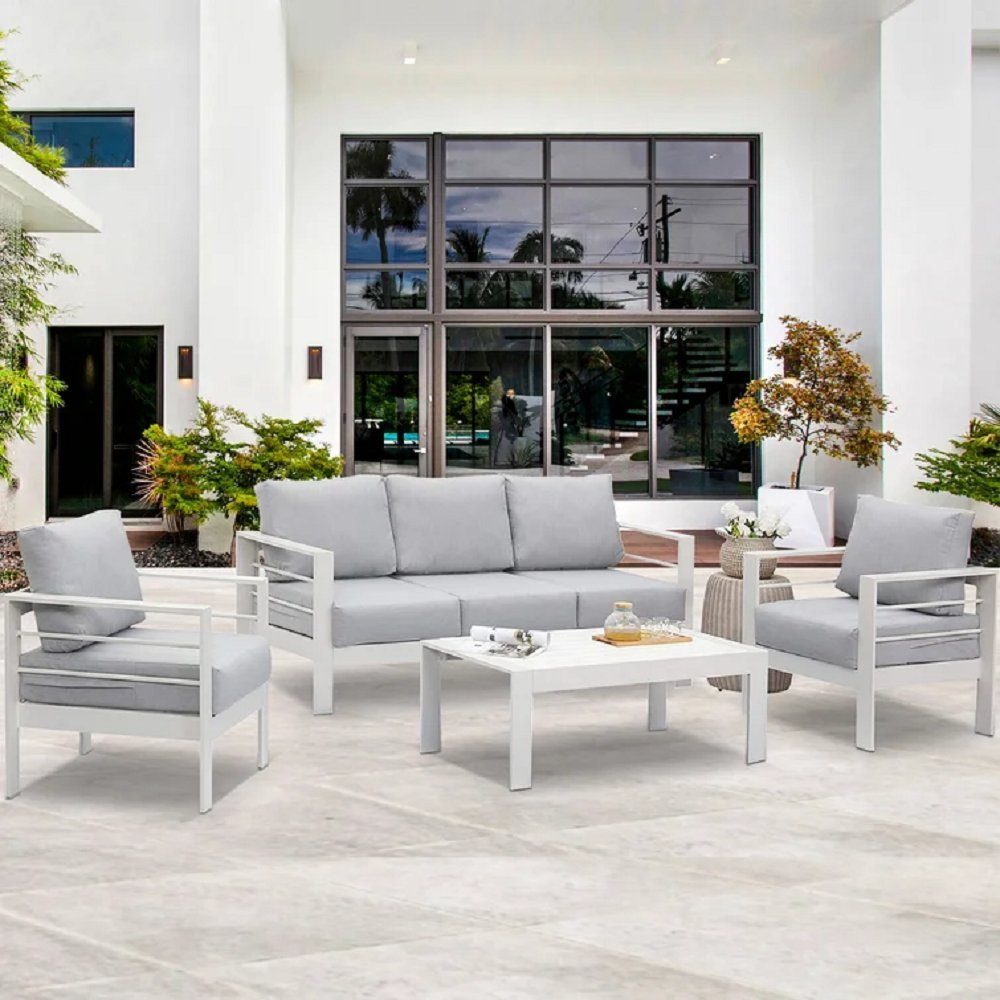 MeXo von GLP HOME Gartenlounge-Set Gartenmöbel Lounge Set 4-Teilige Aluminium Wetterfest für 4-5 Personen, (Gartenlounge Set, Balkonmöbel Set Kleiner Balkon, Essgruppe mit Kissen, 3-Sitzer-Sofa, 2 Sessel, 1 Tisch), Gartengarnitur Sitzgruppe für Terra